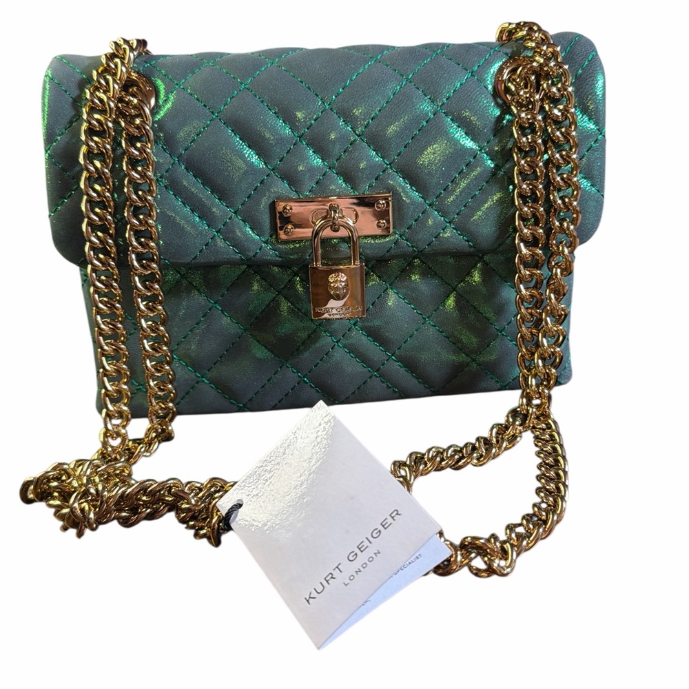 Kurt Geiger Metallic Green Quilted Crossbody Bag With Dusty